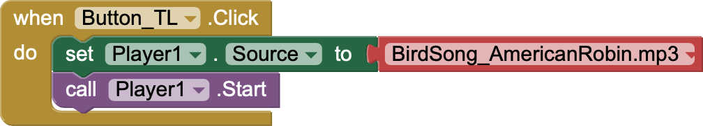 The click event of button triggers a callback in which the audio player starts playing the specified MP3 clip. Here, the event is the green container. The event-handler is the two rows of blocks inside. The first row sets the audio source and the second starts playing it.