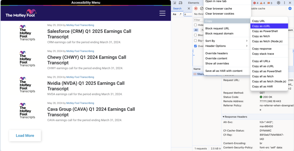 The MotleyFool Earnings Call Transcripts page consumes a Rest API to work as a Single Page Application (SPA). 