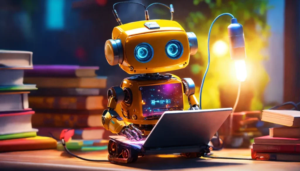 cute little robot, cables connected to books, typing in a keyboard and looking to a notebook screen , cute, 8k, unreal engine, perfect, bright colors, funny, safe, secure