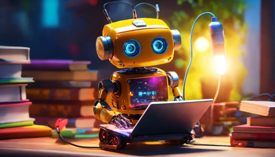 cute little robot, cables connected to books, typing in a keyboard and looking to a notebook screen , cute, 8k, unreal engine, perfect, bright colors, funny, safe, secure
