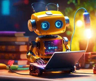 cute little robot, cables connected to books, typing in a keyboard and looking to a notebook screen , cute, 8k, unreal engine, perfect, bright colors, funny, safe, secure